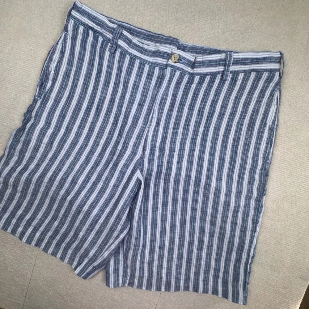 Charleston Khakis Linen Shorts Mens 34 Blue White Striped Flat Front Casual